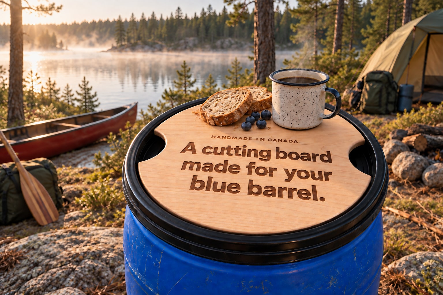 Barrel Buddy hardwood cutting board with a laser-engraved headline, fitted in a blue barrel lid beside coffee, bread and blueberries at a lakeside campsite