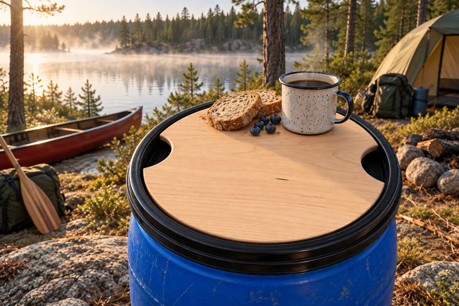 Barrel Buddy hardwood cutting board fitted in a blue barrel lid, with coffee, bread and blueberries at a lakeside campsite